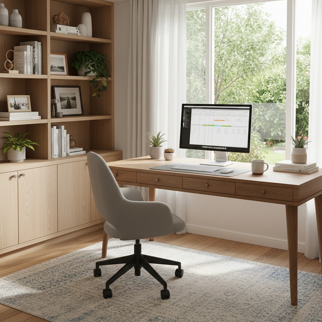 A modern home office features a wooden desk with a computer, a gray swivel chair, and a tall bookshelf against a windowed wall.